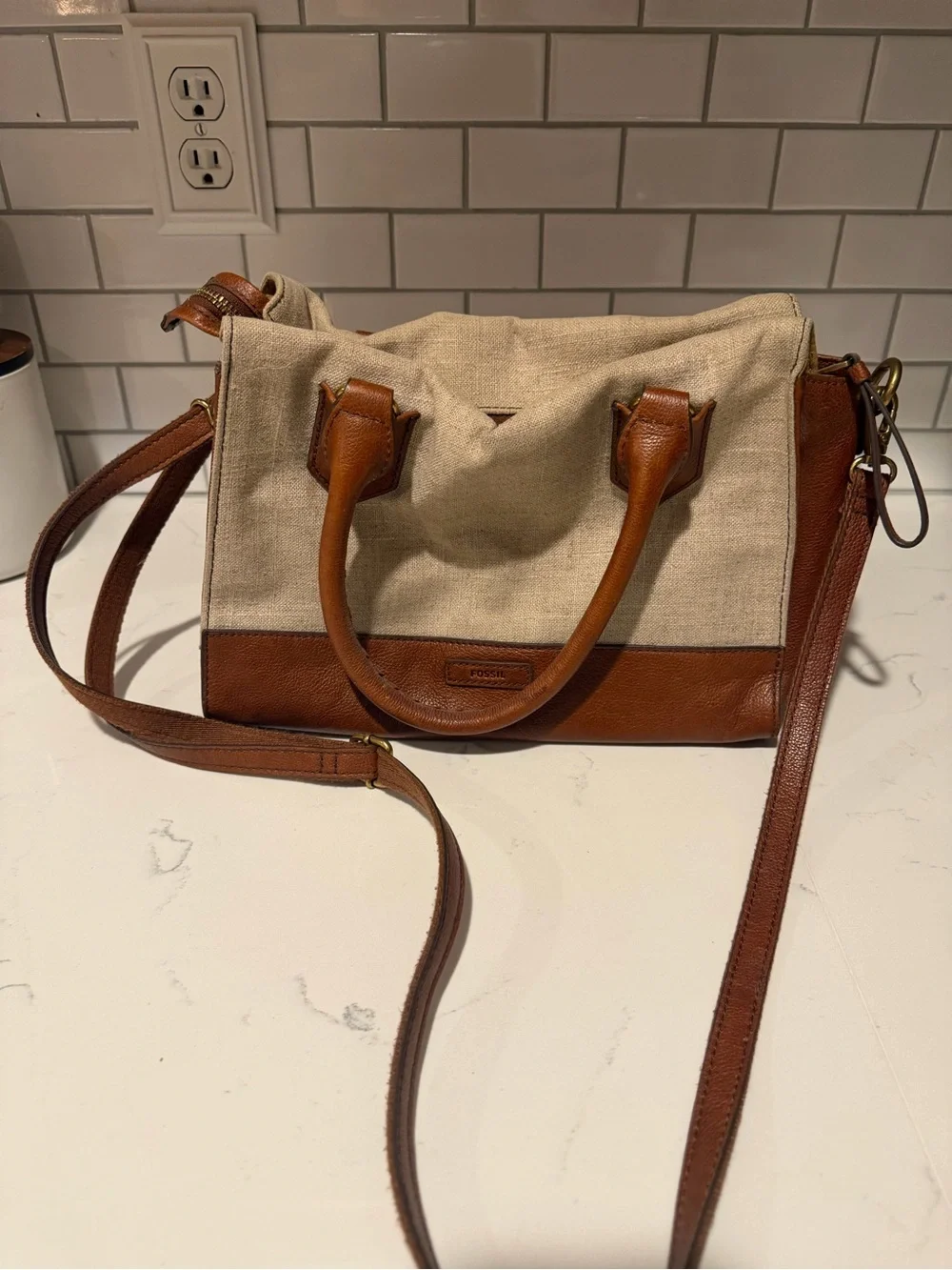 Fossil Beige Canvas Satchel with Brown Leather Accents